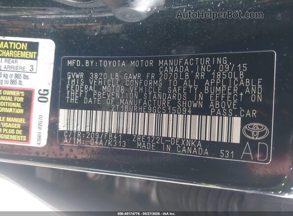 2T1BURHE9GC515094 2016 TOYOTA COROLLA Black Engine compartment view