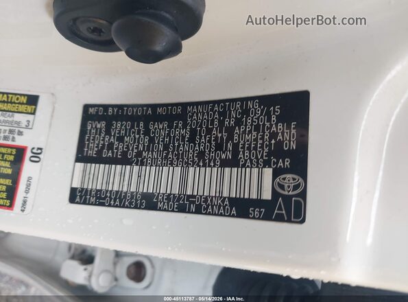 2T1BURHE9GC524149 2016 TOYOTA LL White Vista del compartimento del motor