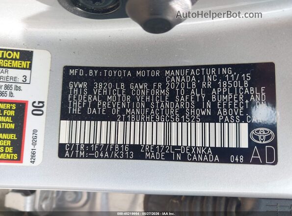 2T1BURHE9GC561525 2016 TOYOTA COROLLA Silver ძრავის განყოფილების ხედი