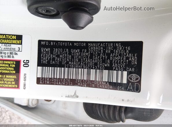 2T1BURHE9GC743760 2016 TOYOTA COROLLA White VIN sticker view