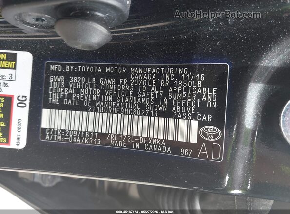 2T1BURHE9HC802713 2017 TOYOTA COROLLA Черный Вид подкапотного пространства