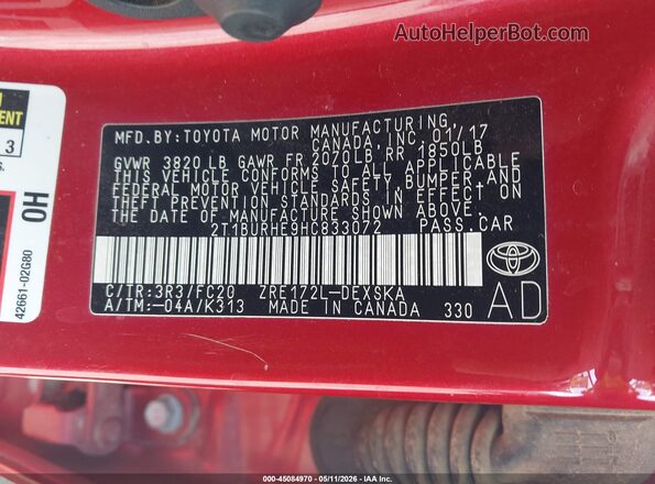 2T1BURHE9HC833072 2017 TOYOTA LL Red Շարժիչի բաժամունքի տեսք