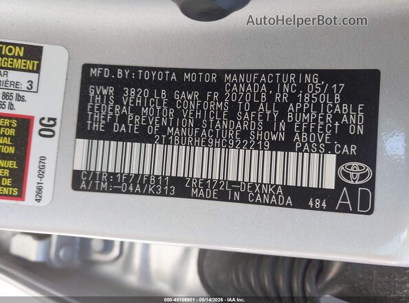 2T1BURHE9HC922219 2017 TOYOTA LL Silver 