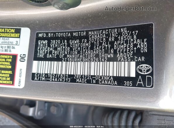 2T1BURHE9HC926142 2017 TOYOTA COROLLA Gray Engine compartment view