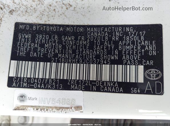 2T1BURHE9JC037945 2018 TOYOTA LL White 