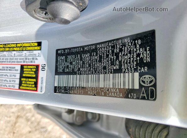 2T1BURHE9JC097921 2018 TOYOTA COROLLA Серебряный 