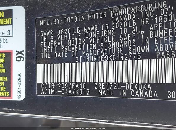2T1BURHE9KC142776 2019 TOYOTA COROLLA Black Widok komory silnika