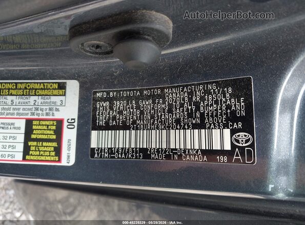 2T1BURHE9KC204743 2019 TOYOTA COROLLA Серый Вид подкапотного пространства