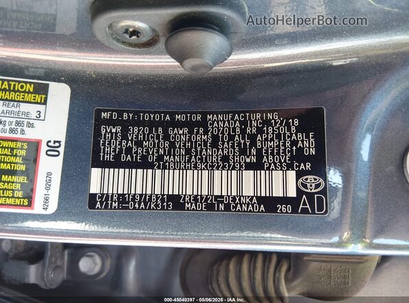 2T1BURHE9KC223793 2019 TOYOTA LL Gray Vista del compartimento del motor