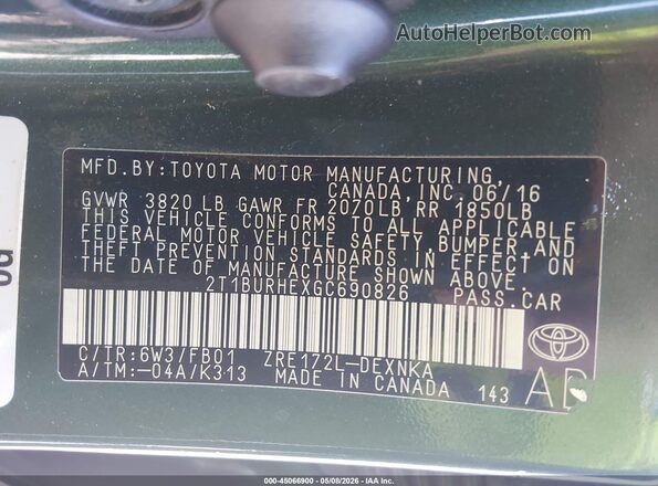 2T1BURHEXGC690826 2016 TOYOTA LL Green Շարժիչի բաժամունքի տեսք