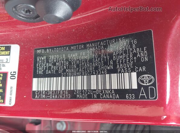 2T1BURHEXGC743346 2016 TOYOTA LL Red Вид підкапотного простору