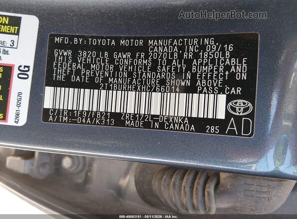 2T1BURHEXHC766014 2017 TOYOTA LL Gray 