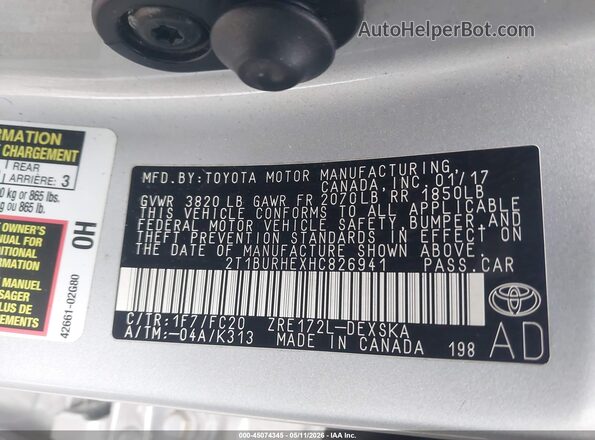 2T1BURHEXHC826941 2017 TOYOTA LL Silver Engine compartment view