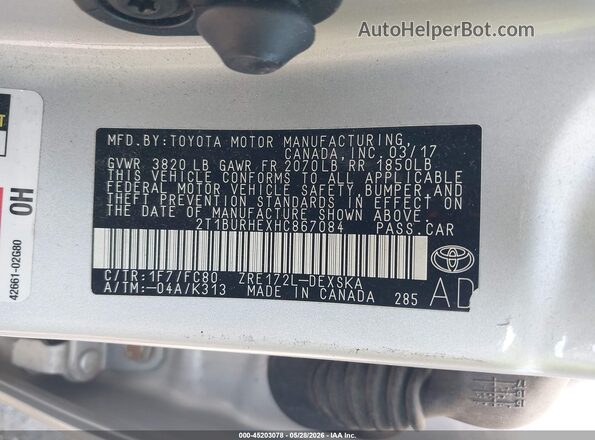 2T1BURHEXHC867084 2017 TOYOTA COROLLA Silver Vista del compartimento del motor