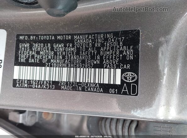 2T1BURHEXHC892857 2017 TOYOTA COROLLA Brown 