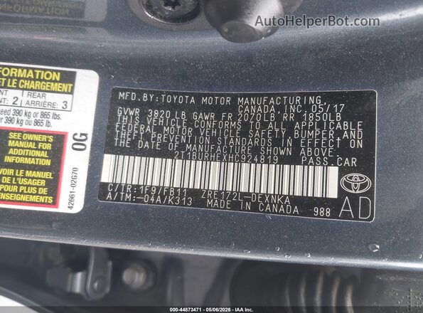 2T1BURHEXHC924819 2017 TOYOTA LL Green ძრავის განყოფილების ხედი