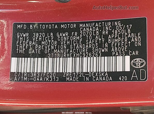 2T1BURHEXHC926263 2017 TOYOTA LL Red Շարժիչի բաժամունքի տեսք