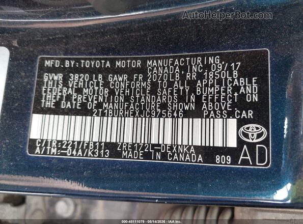 2T1BURHEXJC975646 2018 TOYOTA LL Black 