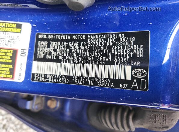 2T1BURHEXKC135044 2019 TOYOTA COROLLA Blue Engine compartment view