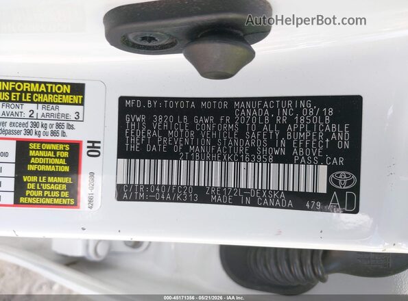 2T1BURHEXKC163958 2019 TOYOTA COROLLA White 