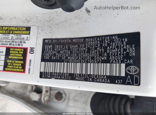 2T1BURHEXKC195972 2019 TOYOTA LL White 