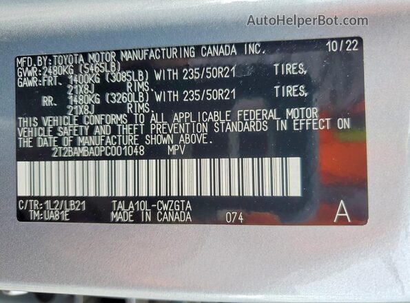 2T2BAMBA0PC001048 2023 LEXUS RX Silver VIN sticker view