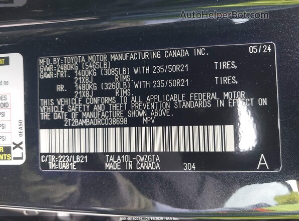 2T2BAMBA0RC038698 2024 LEXUS RX 350 Black Շարժիչի բաժամունքի տեսք