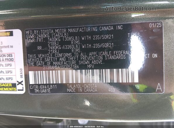 2T2BAMBA1SC057184 2025 LEXUS RX 350 Green Vista del compartimento del motor