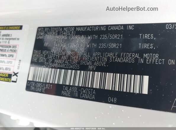 2T2BAMBA4RC034055 2024 LEXUS RX 350 White Շարժիչի բաժամունքի տեսք