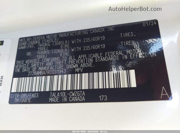 2T2BAMBA7RC031943 2024 LEXUS RX 350 White Вид підкапотного простору