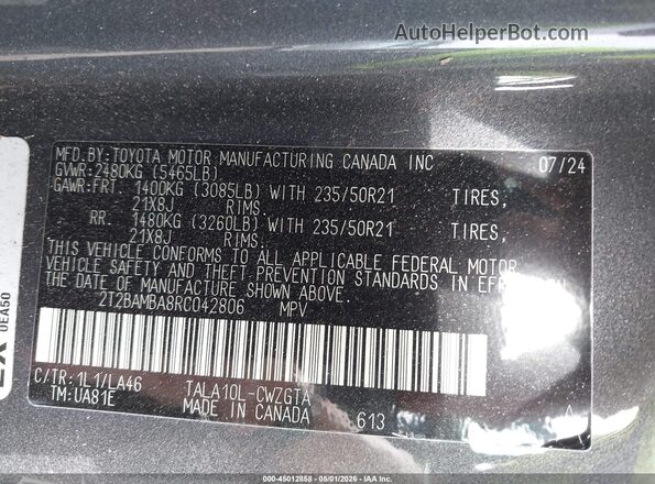 2T2BAMBA8RC042806 2024 LEXUS RX 350 Gray Շարժիչի բաժամունքի տեսք