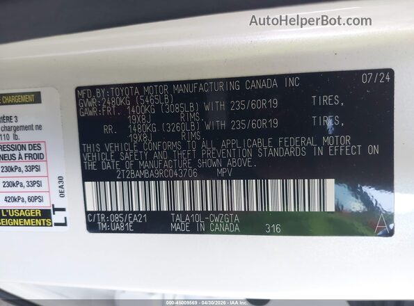 2T2BAMBA9RC043706 2024 LEXUS RX 350 White Vista del compartimento del motor