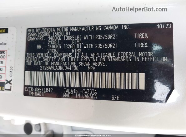 2T2BAMCA3RC044106 2024 LEXUS RX 350 White Вид підкапотного простору