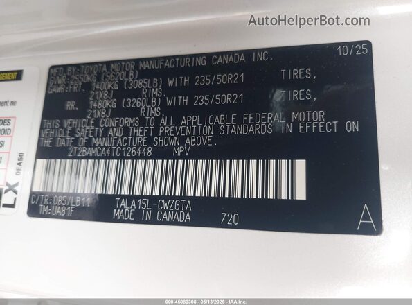 2T2BAMCA4TC126448 2026 LEXUS RX 350 White Вид підкапотного простору