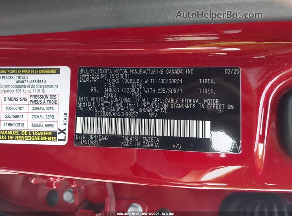 2T2BAMCA5SC099257 2025 LEXUS RX 350 Red Vista del compartimento del motor
