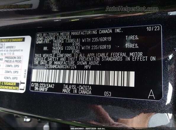 2T2BAMCA6RC047324 2024 LEXUS RX 350 Black Vista del compartimento del motor