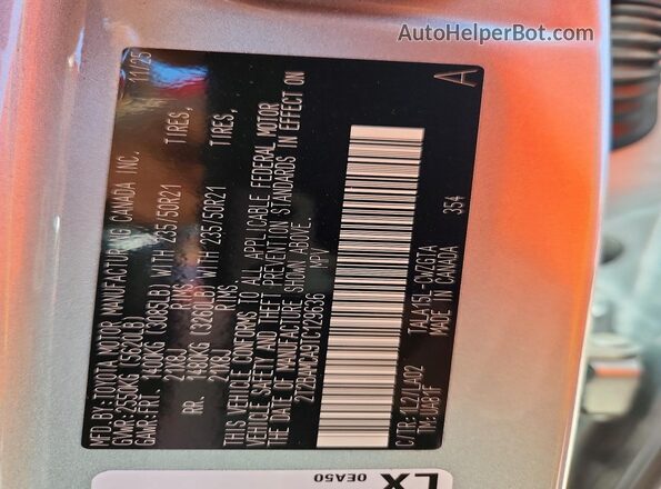 2T2BAMCA9TC129636 2026 LEXUS RX Silver VIN კოდის სტიკერის ხედი