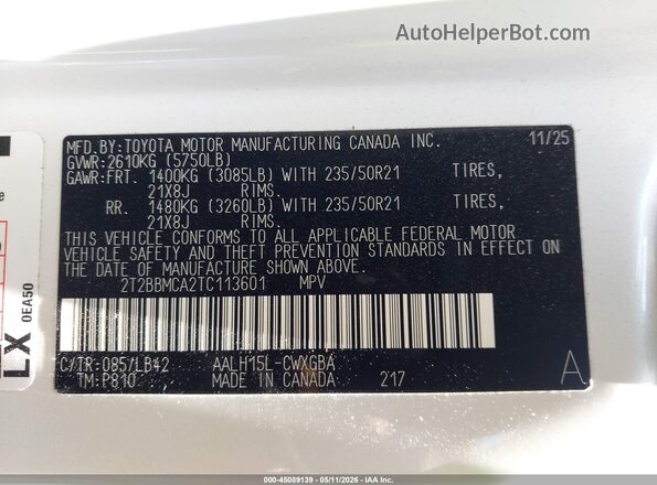 2T2BBMCA2TC113601 2026 LEXUS RX 350H White Շարժիչի բաժամունքի տեսք