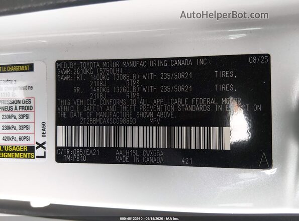 2T2BBMCAXSC098893 2025 LEXUS RX 350H White 