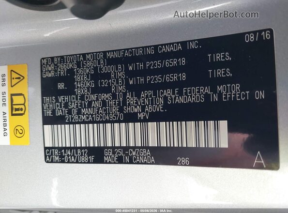2T2BZMCA1GC049570 2016 LEXUS RX 350 Silver 