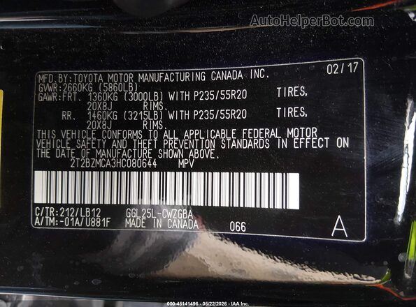 2T2BZMCA3HC080644 2017 LEXUS RX 350 Black 
