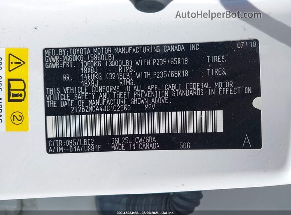 2T2BZMCA4JC162369 2018 LEXUS RX 350 White ძრავის განყოფილების ხედი
