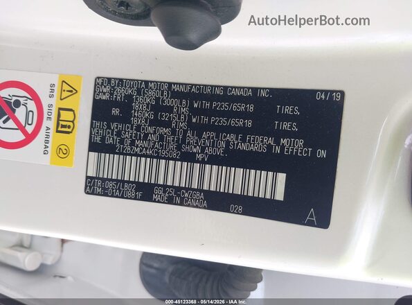 2T2BZMCA4KC195082 2019 LEXUS RX 350 White ძრავის განყოფილების ხედი