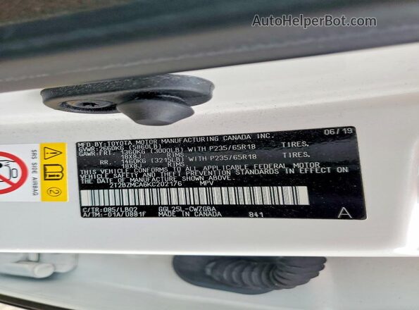 2T2BZMCA6KC202176 2019 LEXUS RX White Vista de la etiqueta del VIN