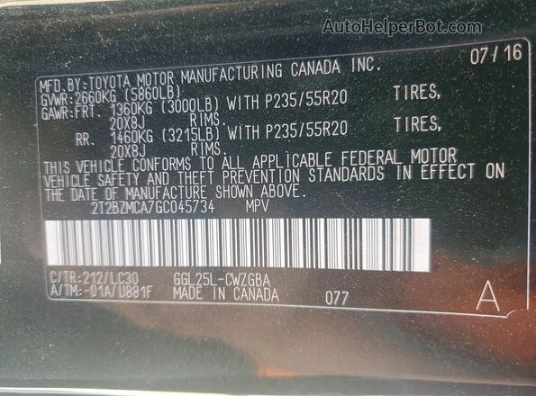 2T2BZMCA7GC045734 2016 LEXUS RX Черный Вид наклейки с VIN-кодом