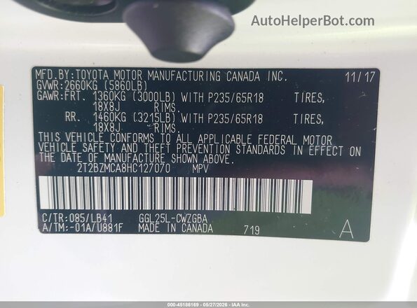 2T2BZMCA8HC127070 2017 LEXUS RX 350 White Engine compartment view