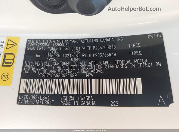 2T2BZMCA9GC024089 2016 LEXUS RX 350 White Շարժիչի բաժամունքի տեսք