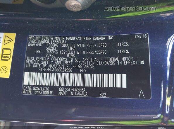 2T2BZMCA9GC024996 2016 LEXUS RX 350 Dark Blue Vista del compartimento del motor