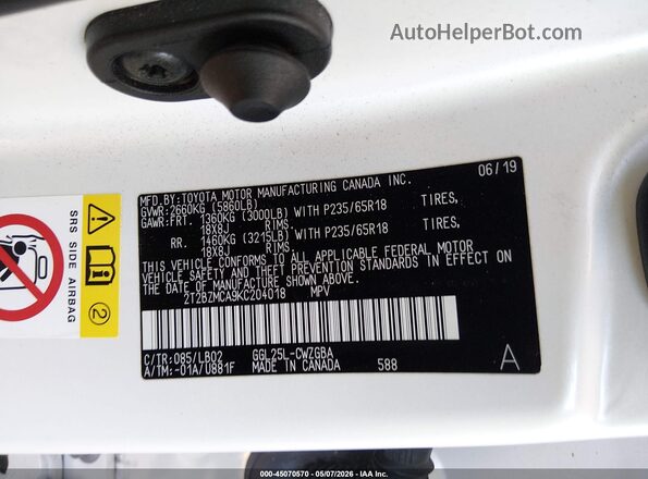 2T2BZMCA9KC204018 2019 LEXUS RX 350 White Вид підкапотного простору