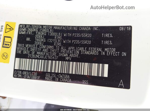 2T2BZMCAXJC165437 2018 LEXUS RX 350 White Շարժիչի բաժամունքի տեսք